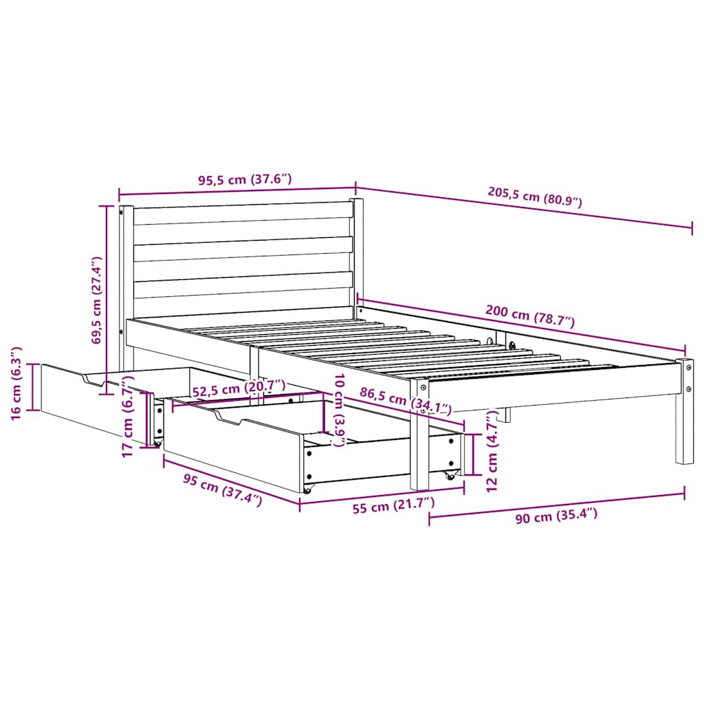 Cama sem colchão 90x200 cm madeira de pinho maciça