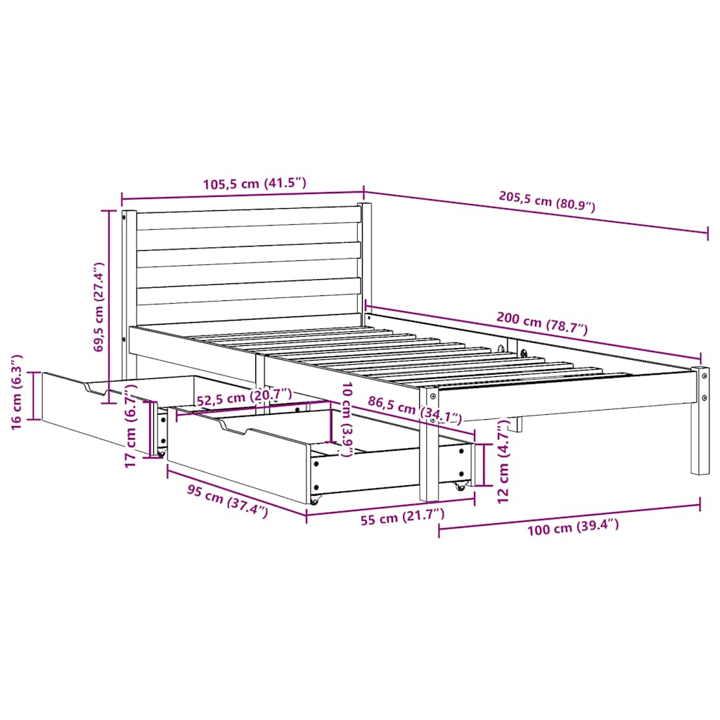 Cama sem colchão 100x200 cm madeira de pinho maciça