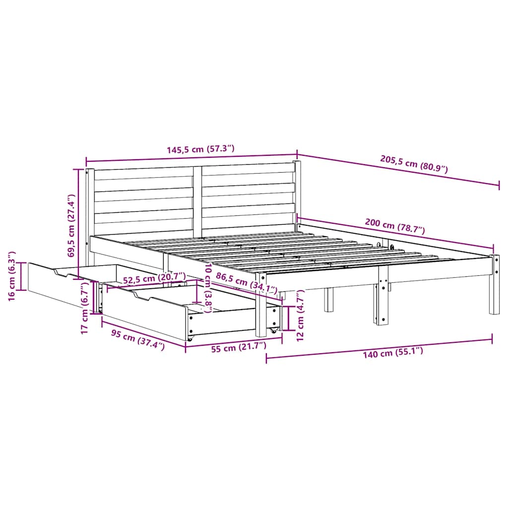 Cama sem colchão 140x200 cm madeira de pinho maciça