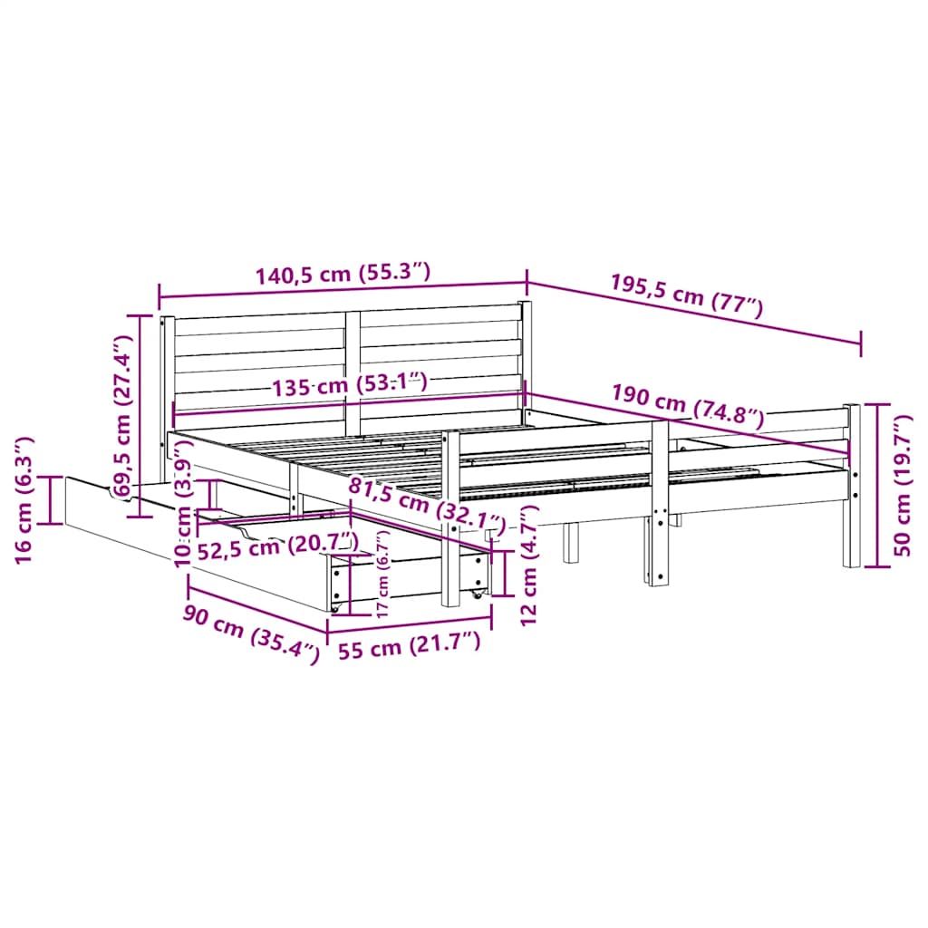 Cama sem colchão 135x190 cm madeira de pinho maciça