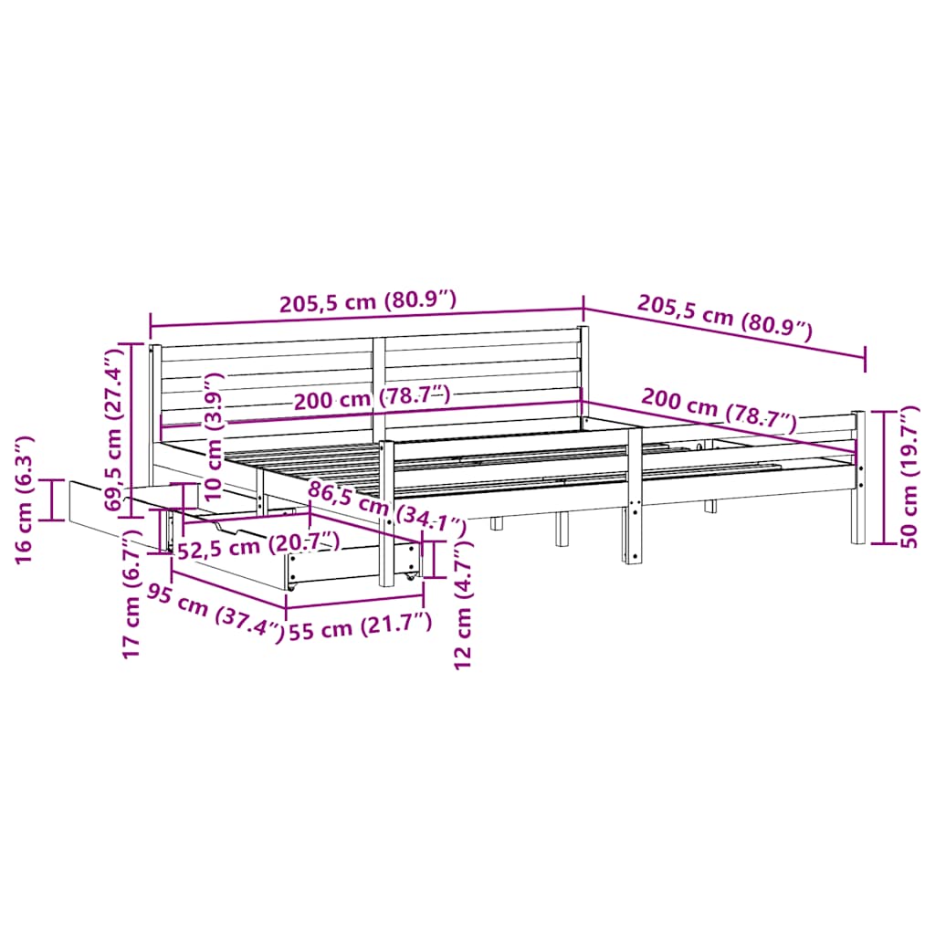 Cama sem colchão 200x200 cm madeira de pinho maciça