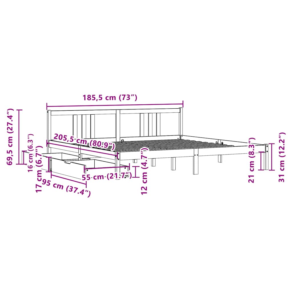 Cama sem colchão 180x200 cm madeira de pinho maciça