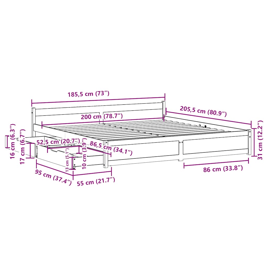 Cama sem colchão 180x200 cm madeira de pinho maciça