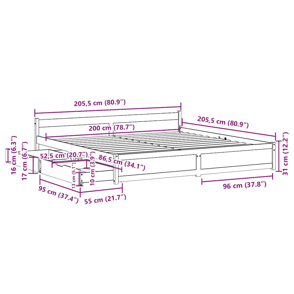 Cama sem colchão 200x200 cm madeira de pinho maciça