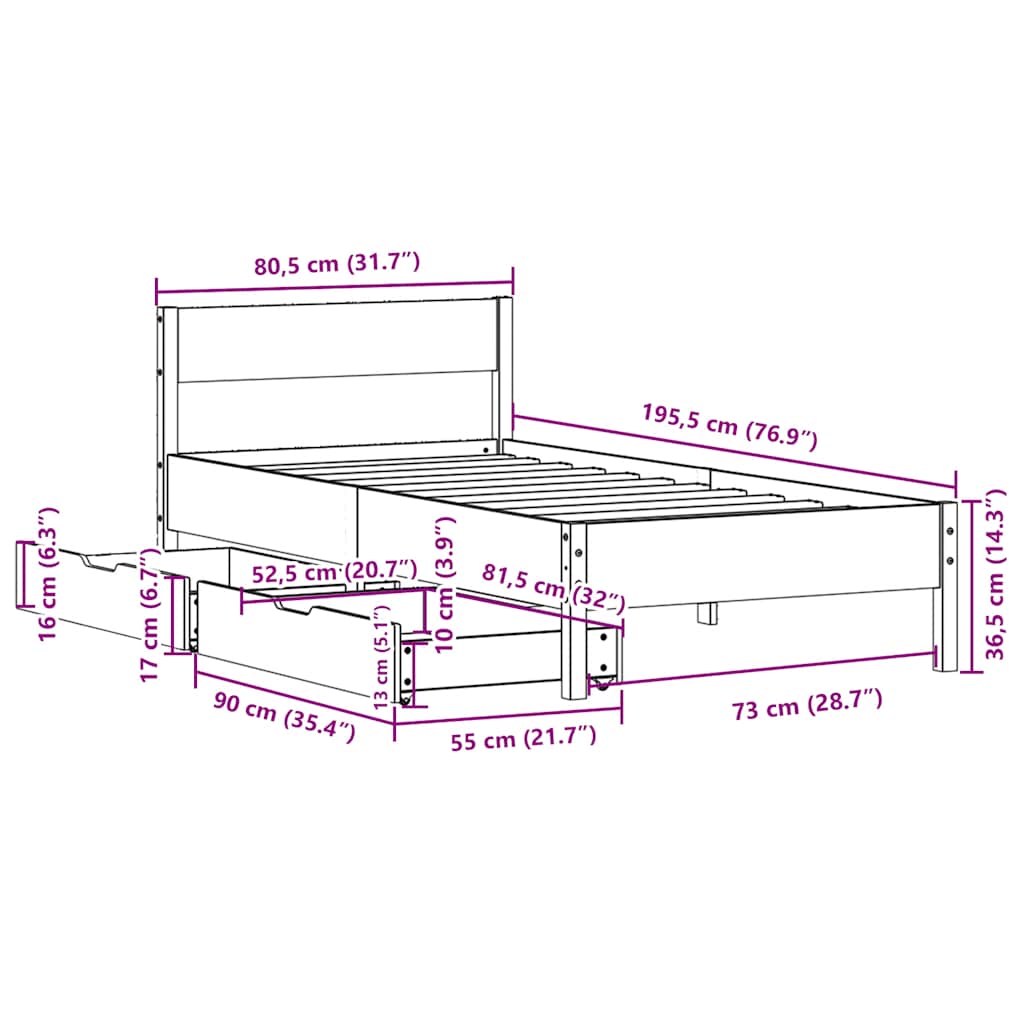Cama sem colchão 75x190 cm madeira de pinho maciça