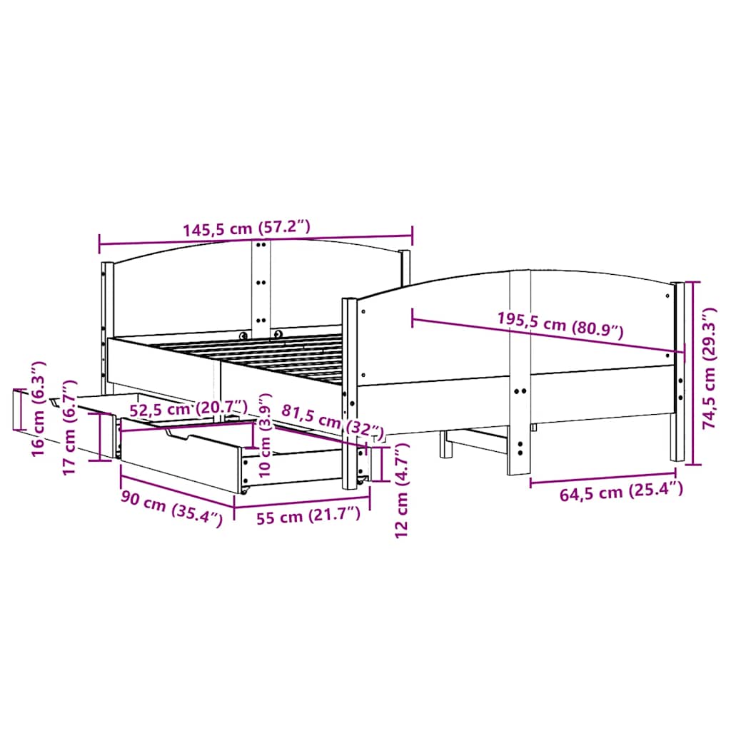 Cama sem colchão 140x190 cm madeira de pinho maciça
