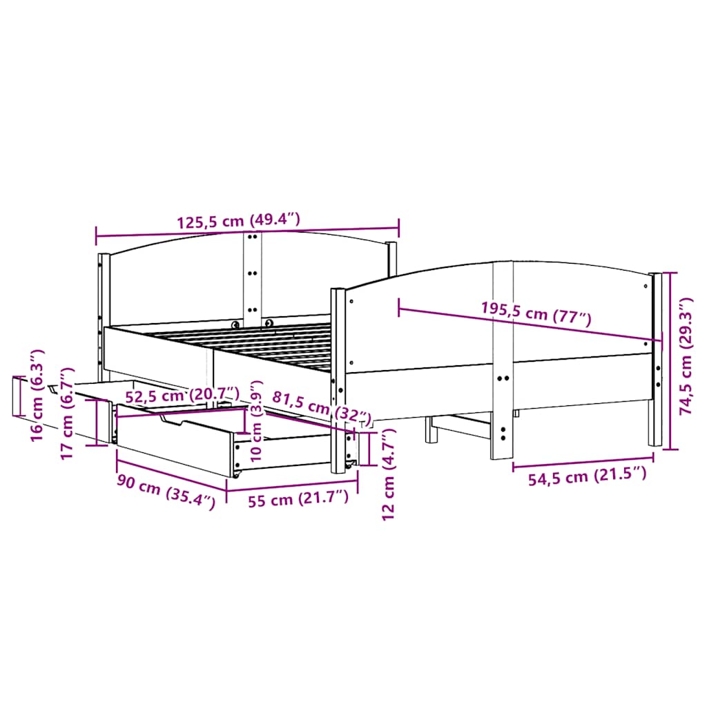 Cama sem colchão 120x190 cm madeira de pinho maciça
