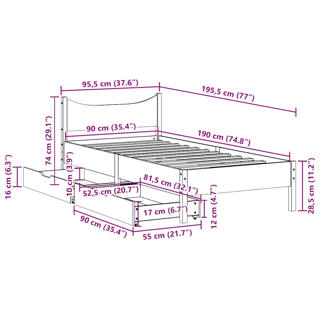 Estrutura de cama com gavetas 90x190 cm pinho maciço branco