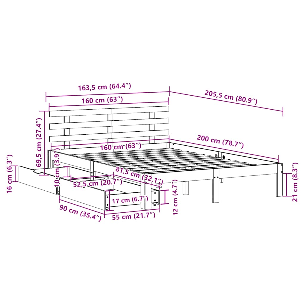 Estrutura de cama c/ gavetas 160x200 cm madeira de pinho maciça