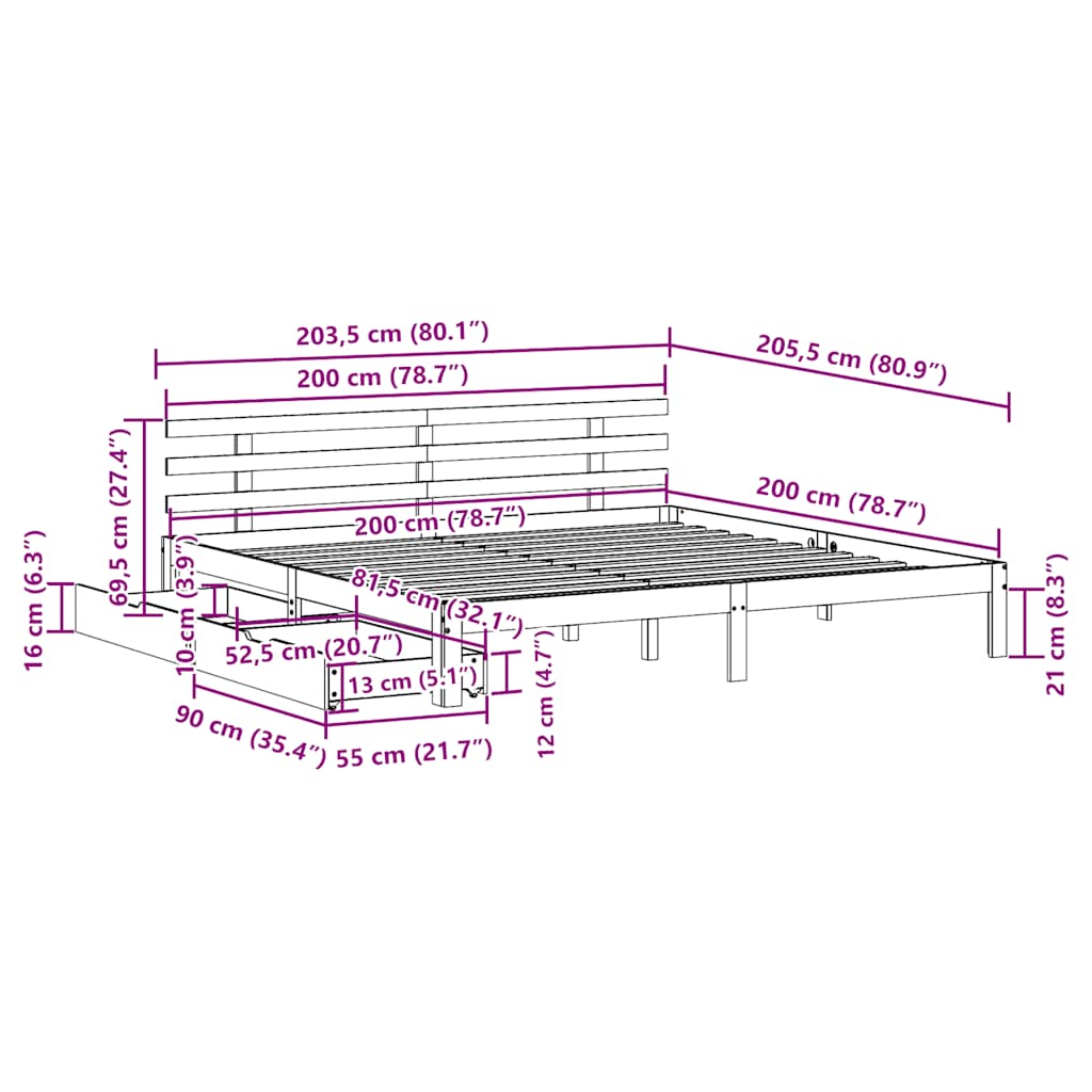 Estrutura de cama c/ gavetas 200x200 cm madeira de pinho maciça