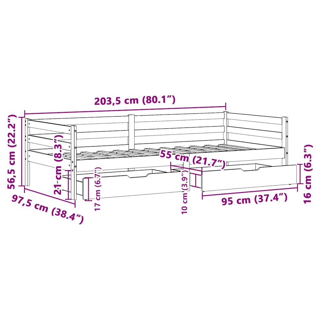 Sofá-cama com gavetas 90x200 cm madeira de pinho maciça