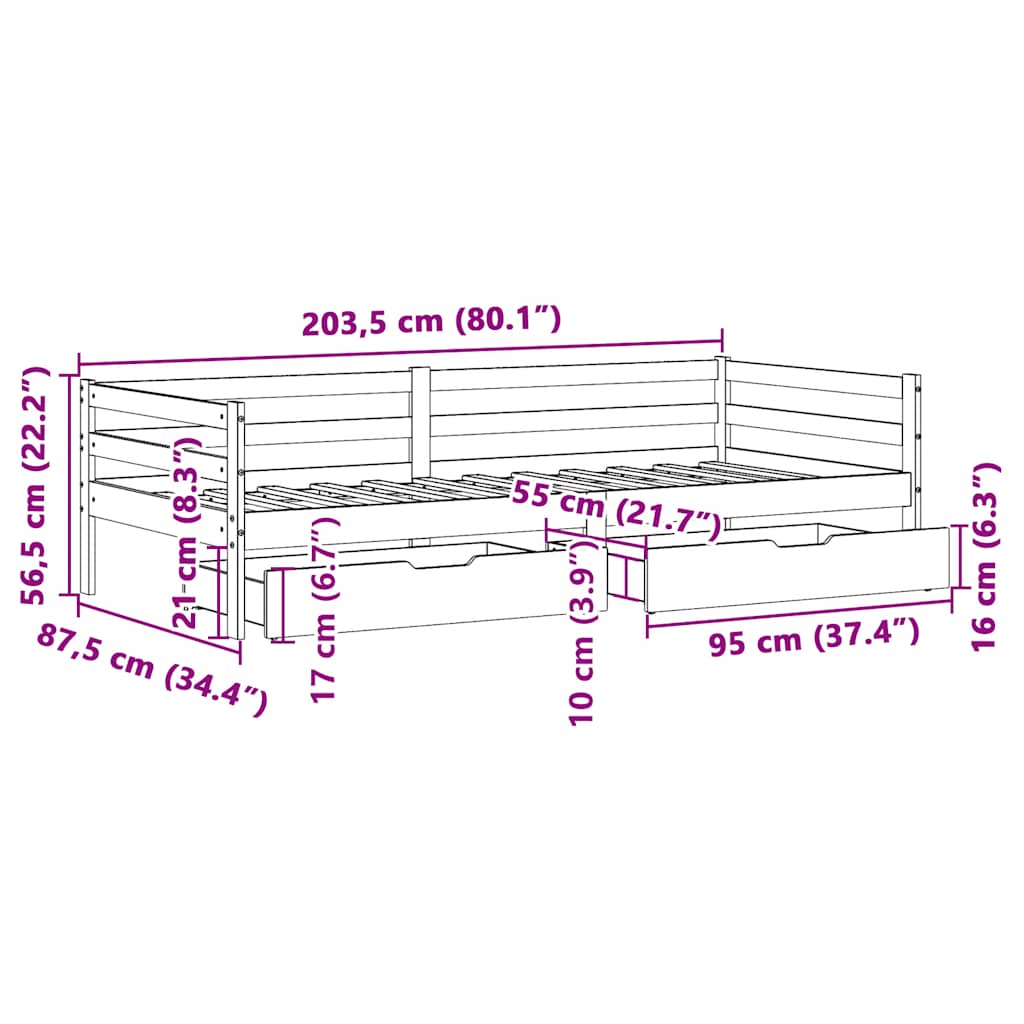 Sofá-cama com gavetas 80x200 cm madeira de pinho maciça