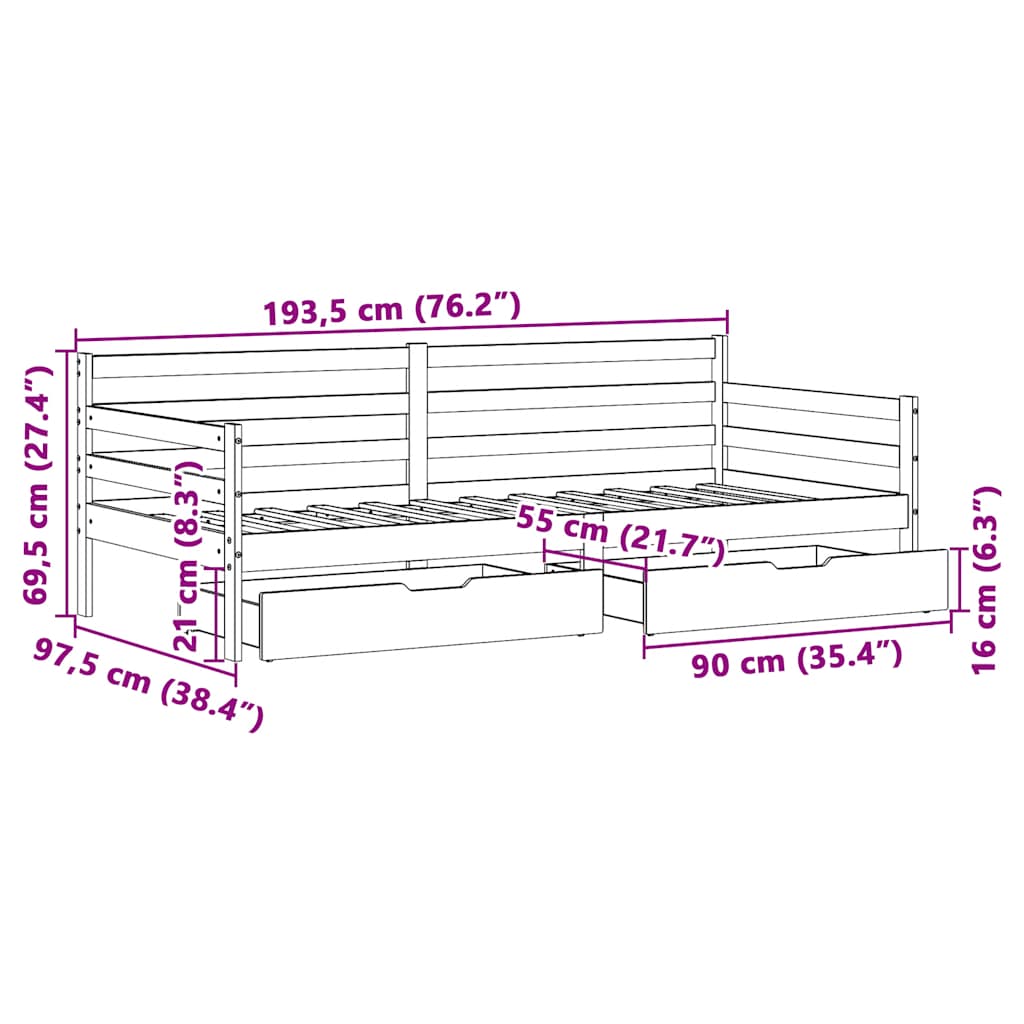 Sofá-cama com gavetas 90x190 cm madeira de pinho maciça