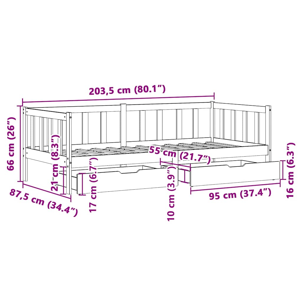 Sofá-cama com gavetas 80x200 cm madeira de pinho maciça
