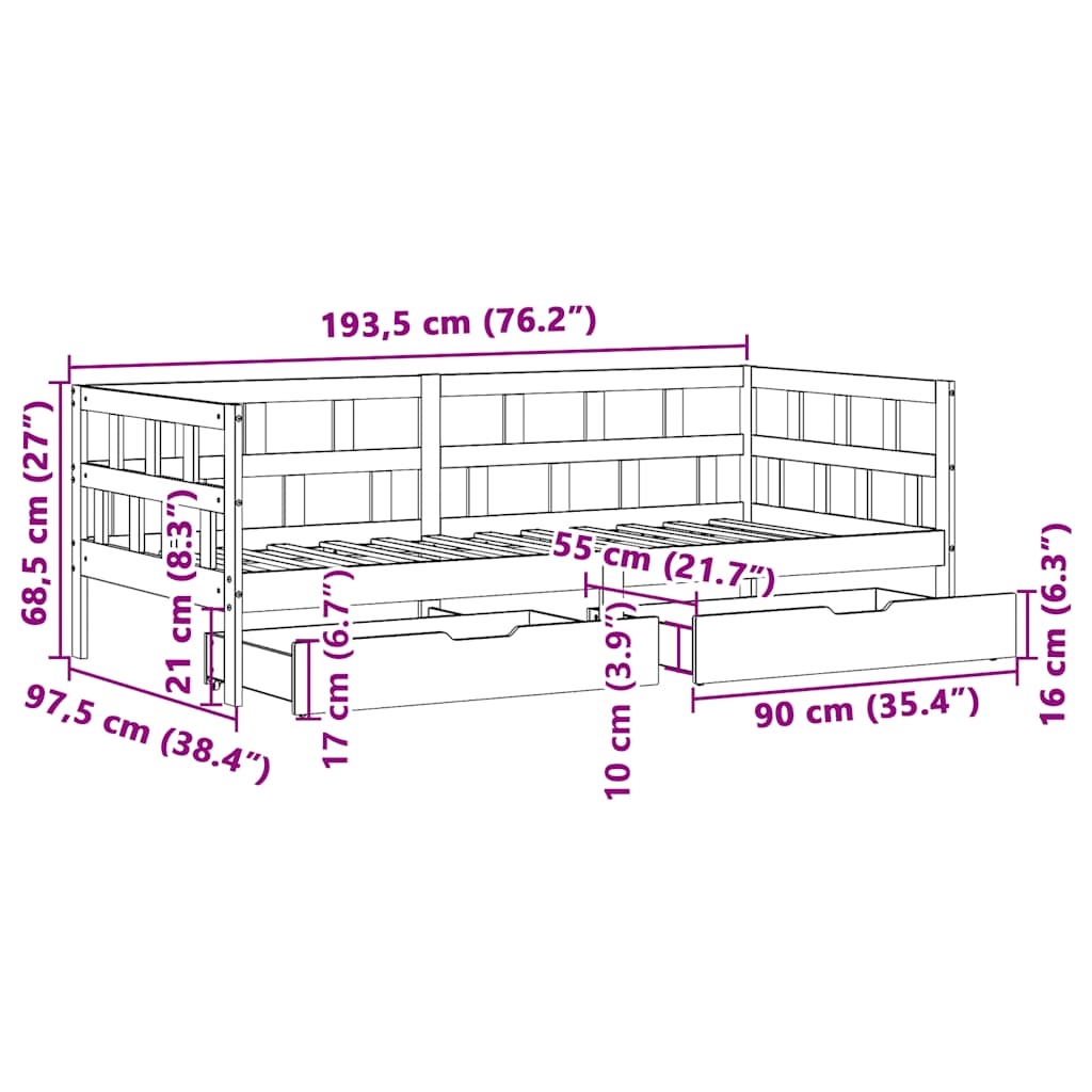 Sofá-cama com gavetas 90x190 cm madeira de pinho maciça