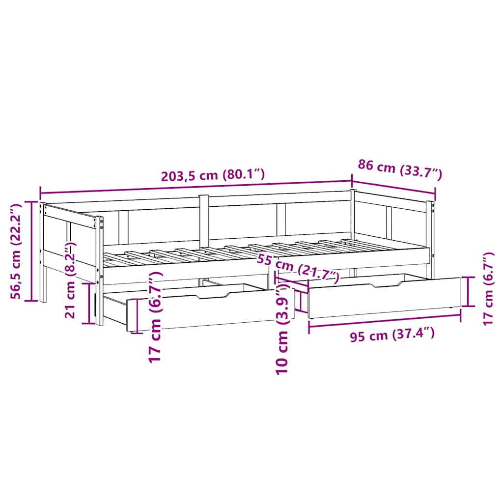 Sofá-cama com gavetas 80x200 cm madeira de pinho maciça
