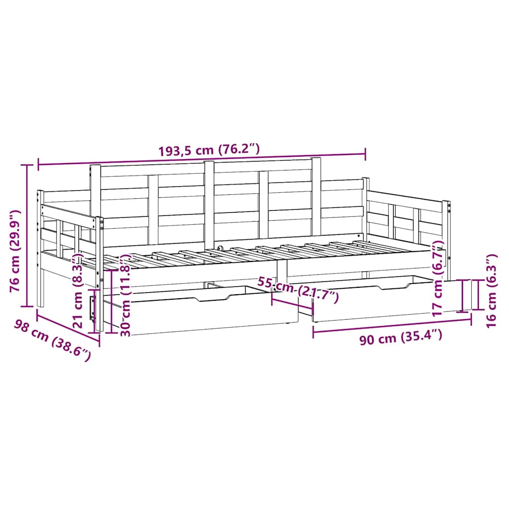 Sofá-cama com gavetas 90x190 cm madeira de pinho maciça