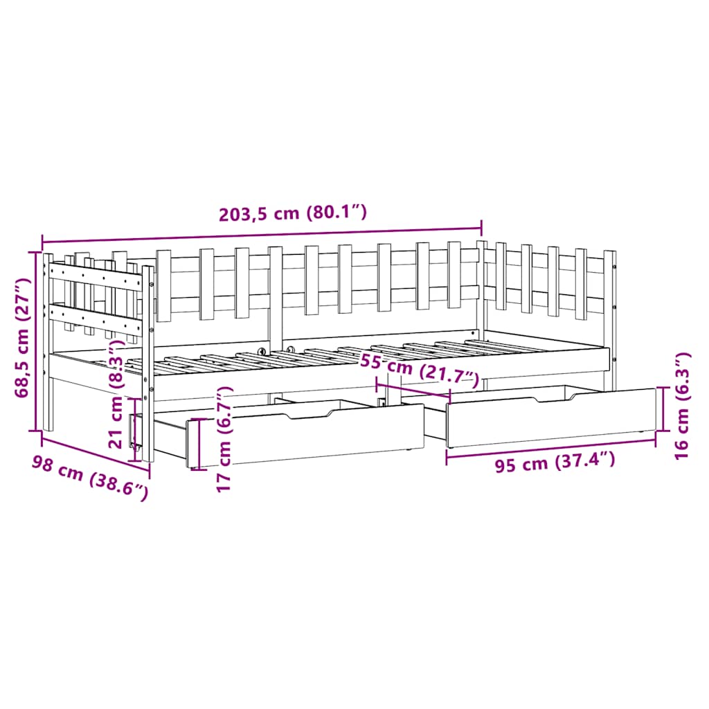Sofá-cama com gavetas 80x200 cm madeira de pinho maciça
