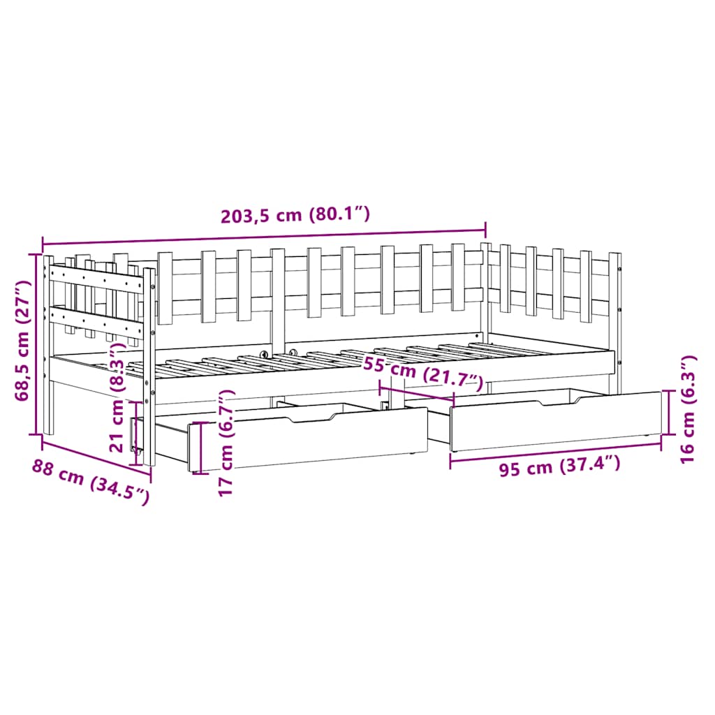 Sofá-cama com gavetas 90x200 cm madeira de pinho maciça