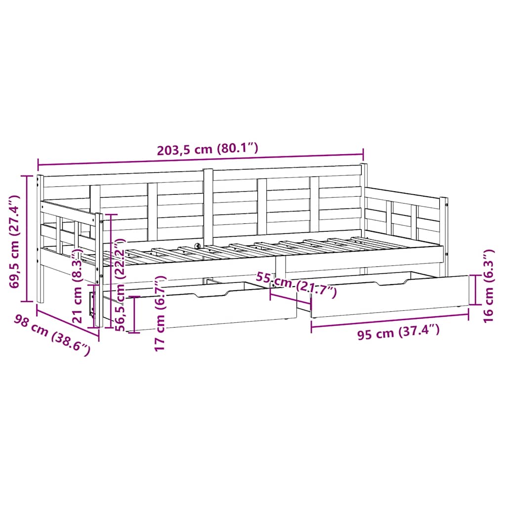 Sofá-cama com gavetas 90x200 cm madeira de pinho maciça
