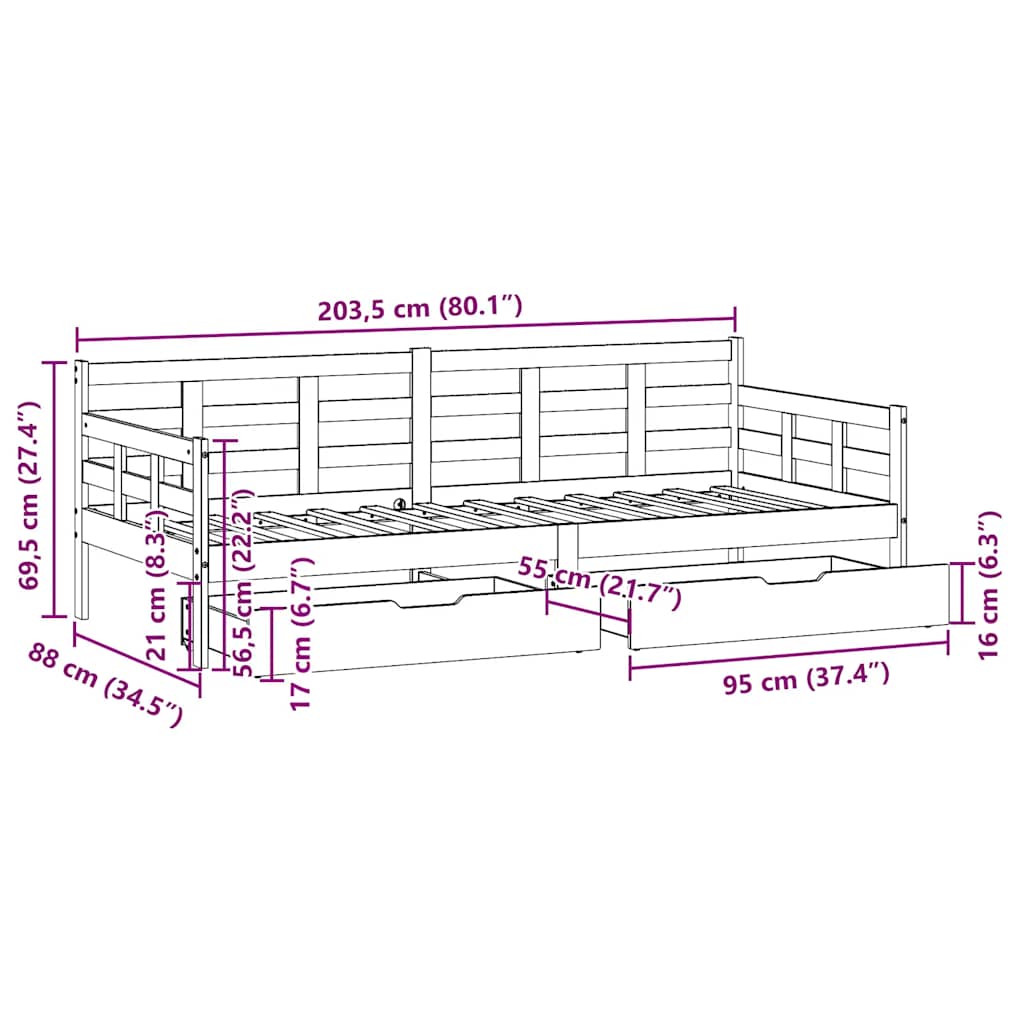 Sofá-cama com gavetas 80x200 cm madeira de pinho maciça