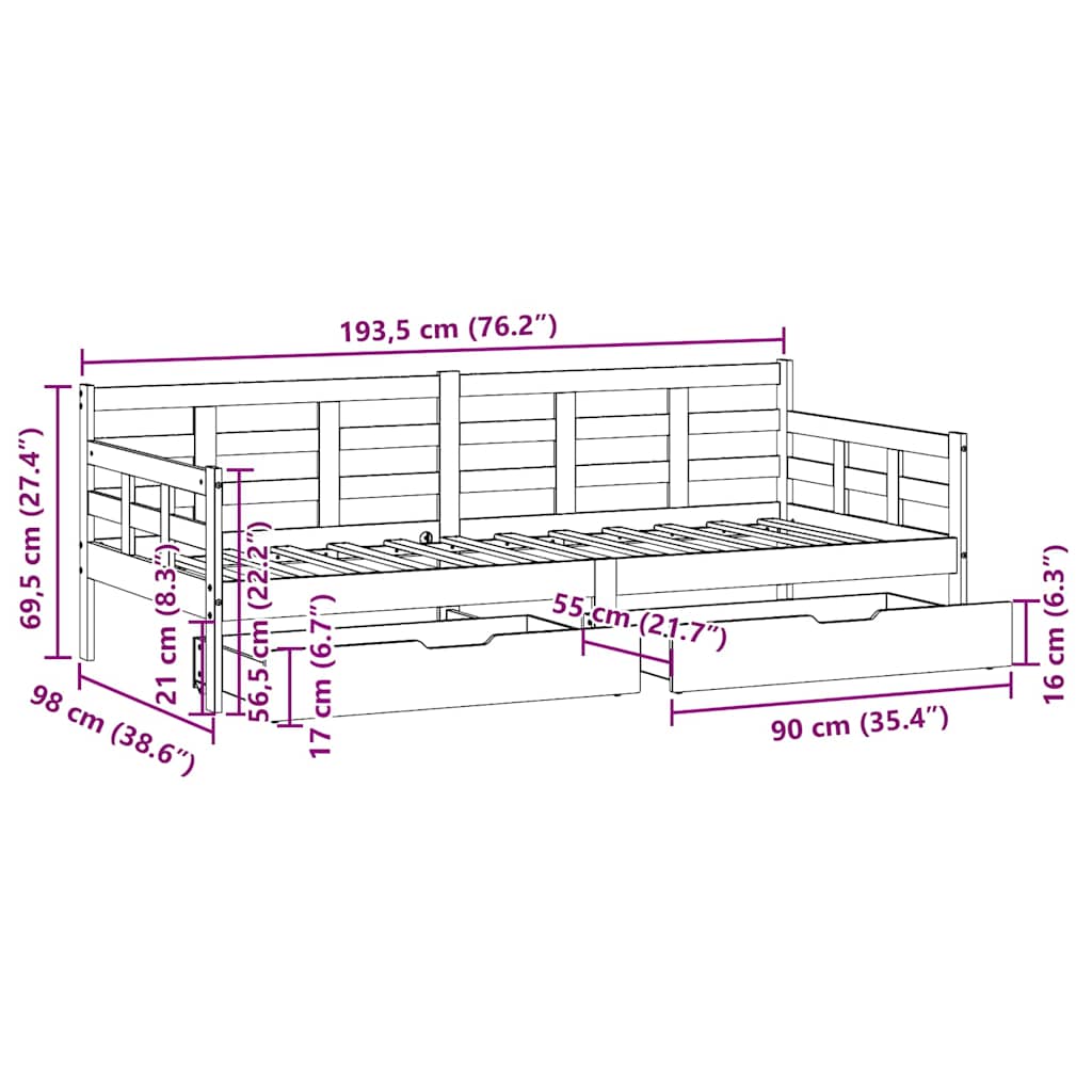 Sofá-cama com gavetas 90x190 cm madeira de pinho maciça