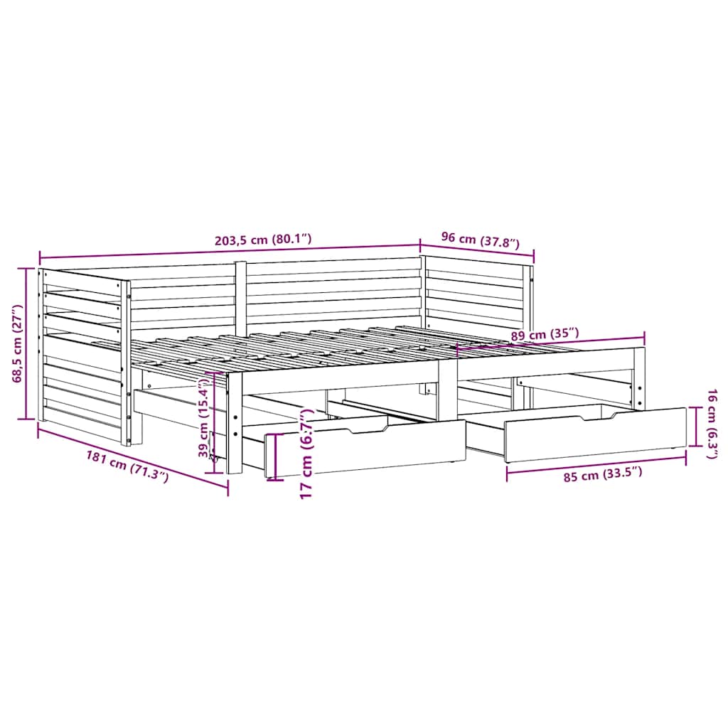 Sofá-cama c/ gavetas 90x200cm madeira de pinho maciça branco