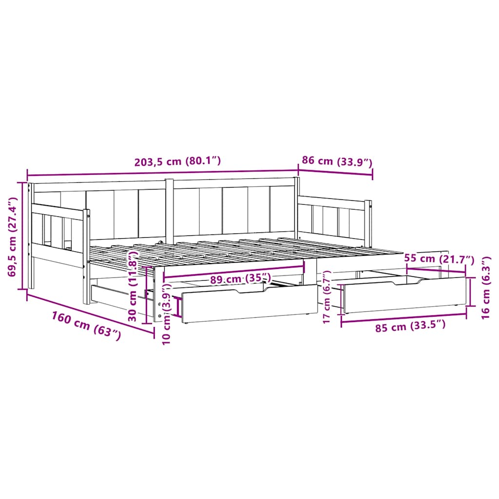 Sofá-cama com gavetão e gavetas sem colchão 80x200 cm branco
