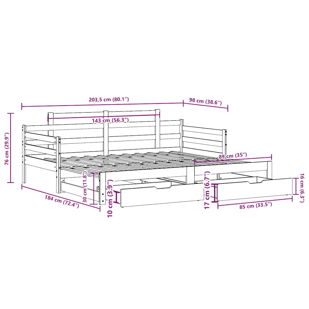 Sofá-cama com gavetão e gavetas sem colchão 90x200 cm branco