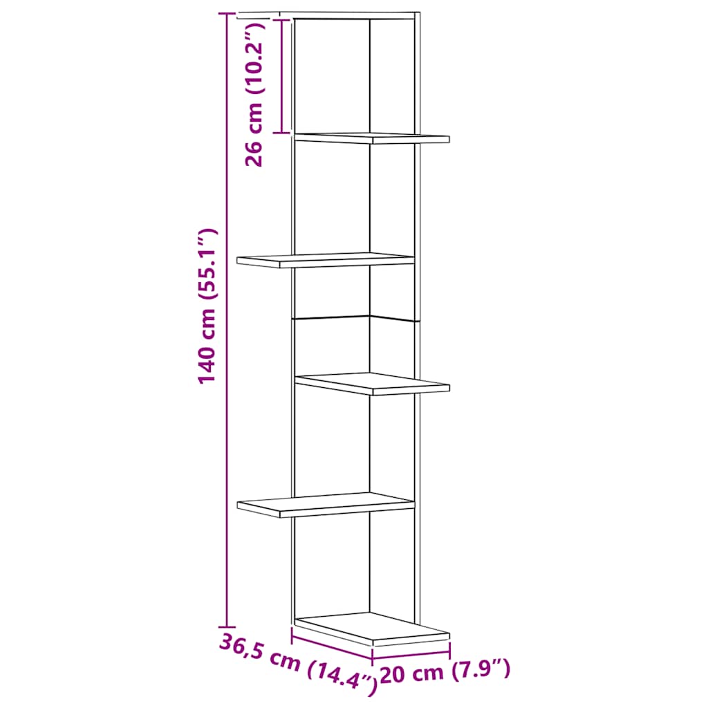 Estante parede p/ canto 36,5x36,5x140 cm deriv. madeira branco