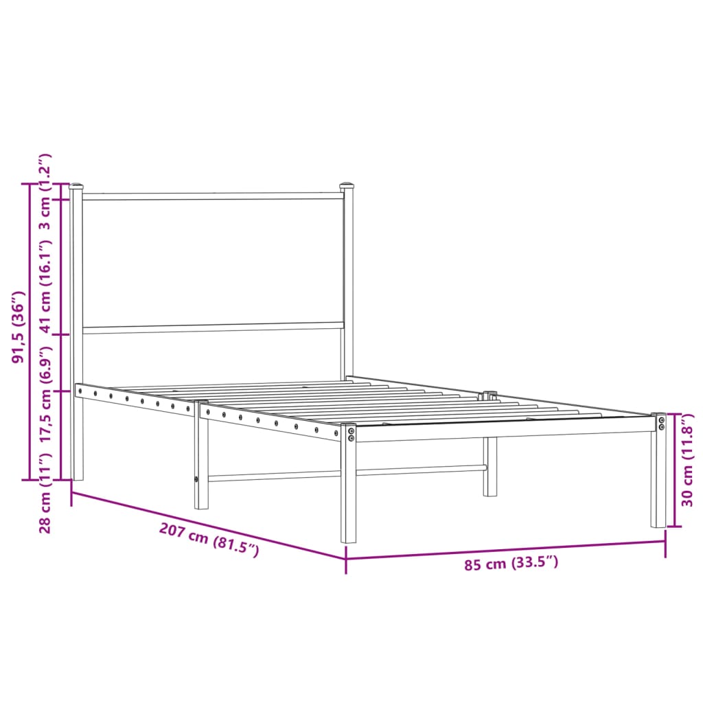 Estrutura de cama sem colchão 80x200 cm metal carvalho fumado