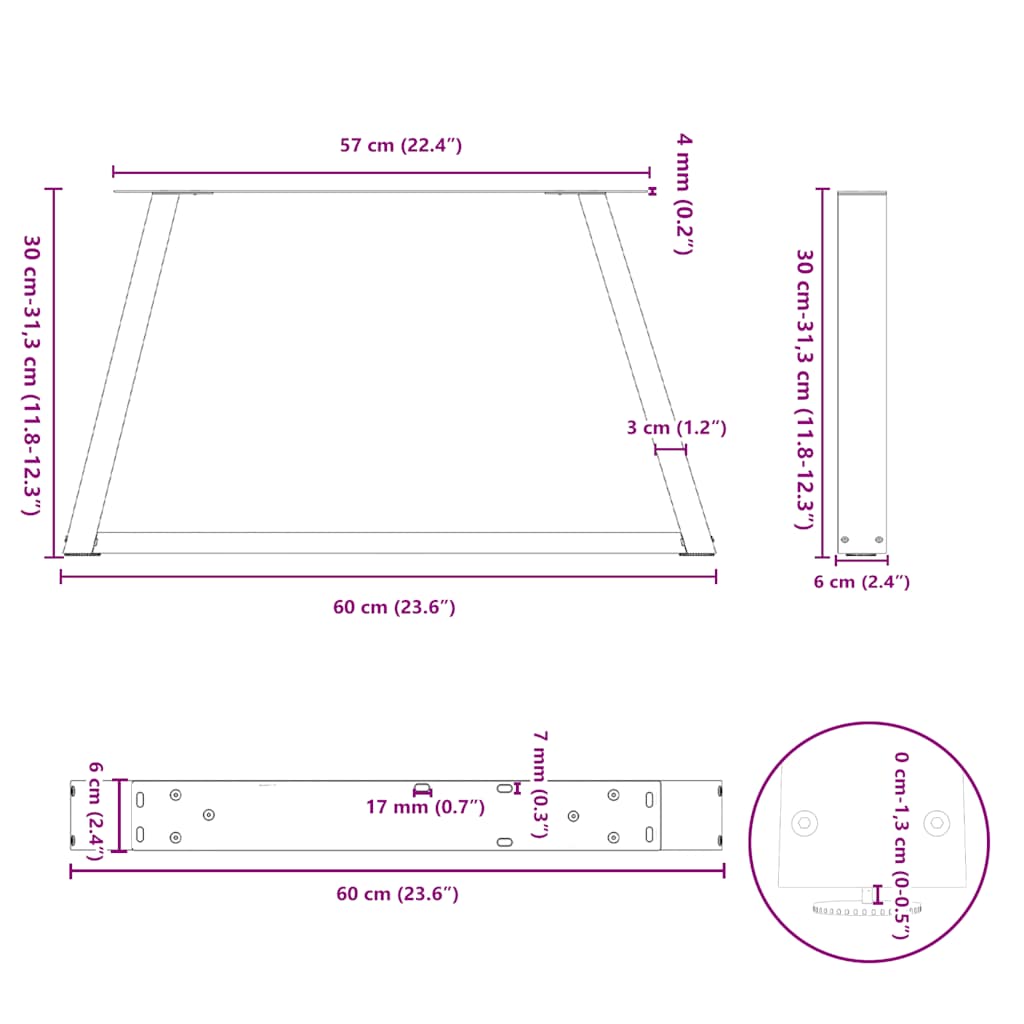 Pés para mesa de centro em V, 2 peças, preto, 60x(30-31,3) cm, aço