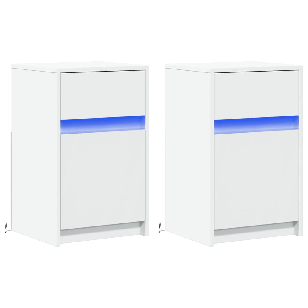 Mesas de cabeceira c/ luzes LED 2 pcs derivados madeira branco
