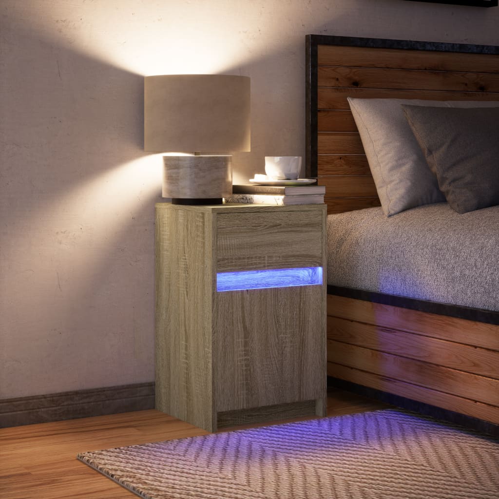 Mesa de cabeceira com luzes LED derivados de madeira branco