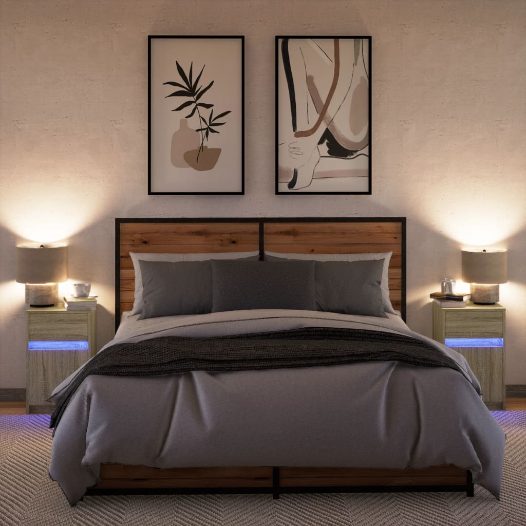 Mesas de cabeceira c/ luzes LED 2 pcs derivados madeira branco