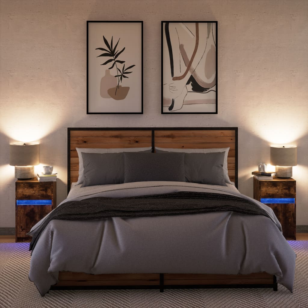 Mesas de cabeceira c/ luzes LED 2 pcs derivados madeira branco