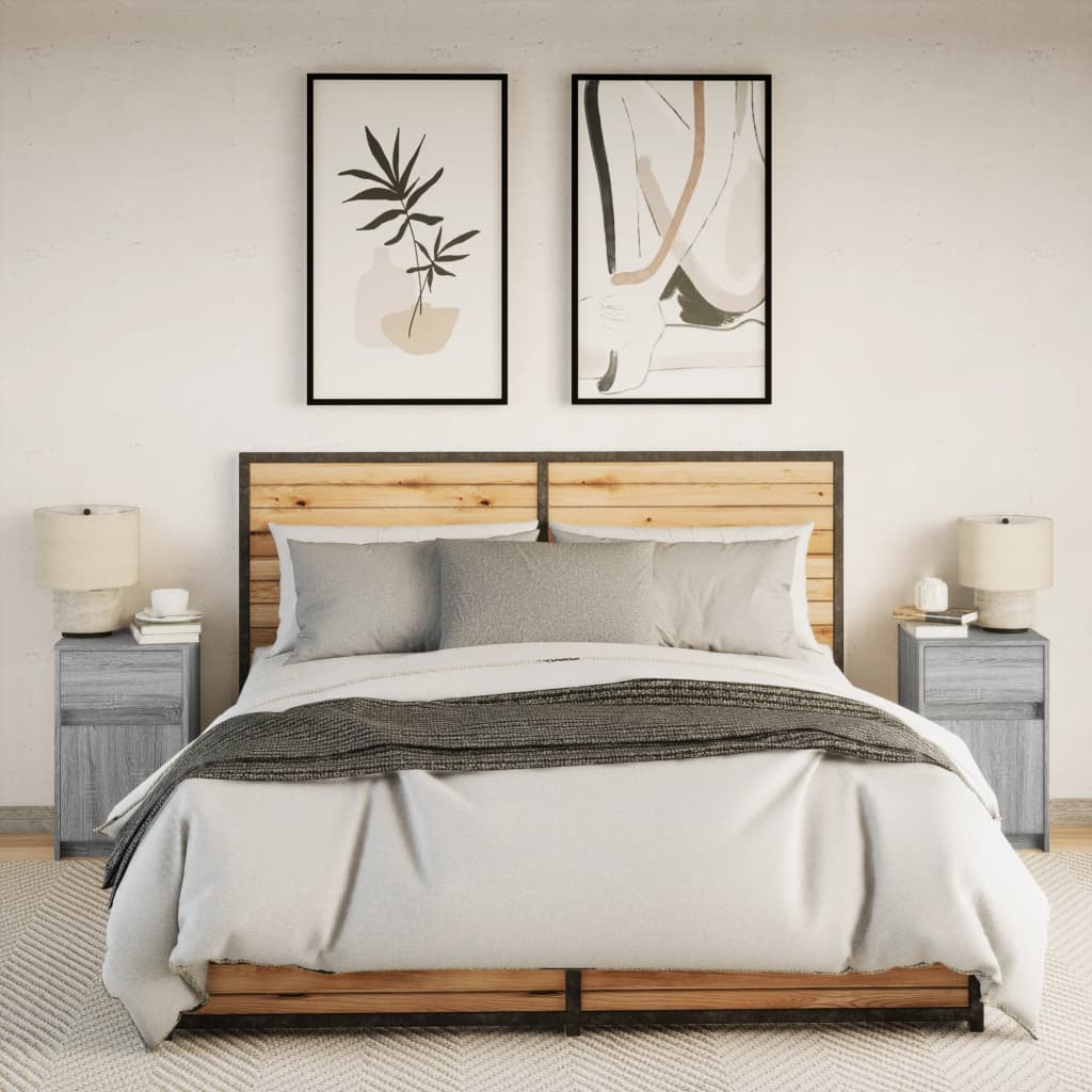 Mesas de cabeceira c/ luzes LED 2 pcs derivados madeira branco