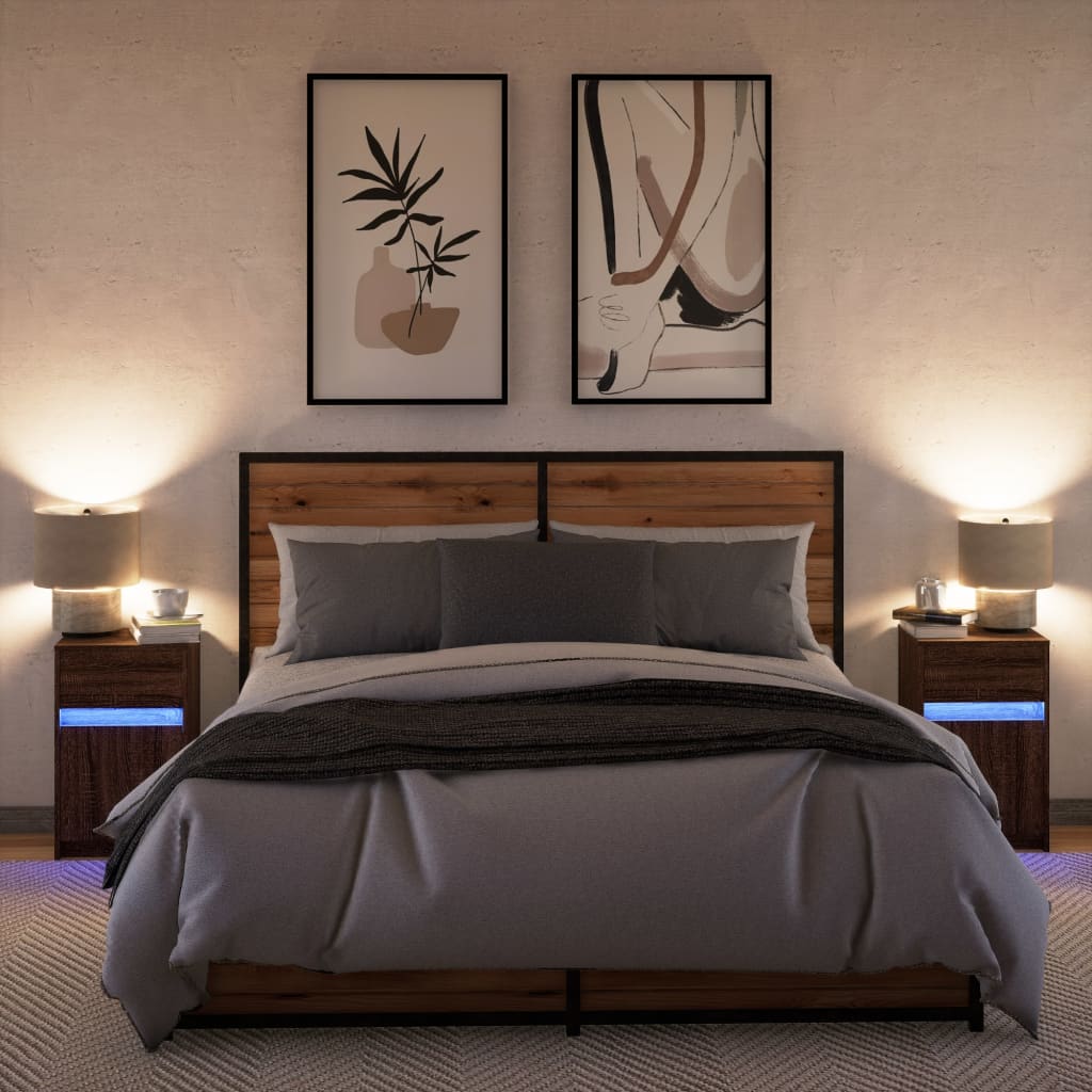 Mesas de cabeceira c/ luzes LED 2 pcs derivados madeira branco