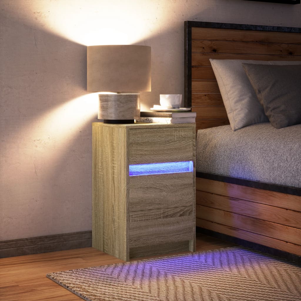 Mesa de cabeceira com luzes LED derivados de madeira branco