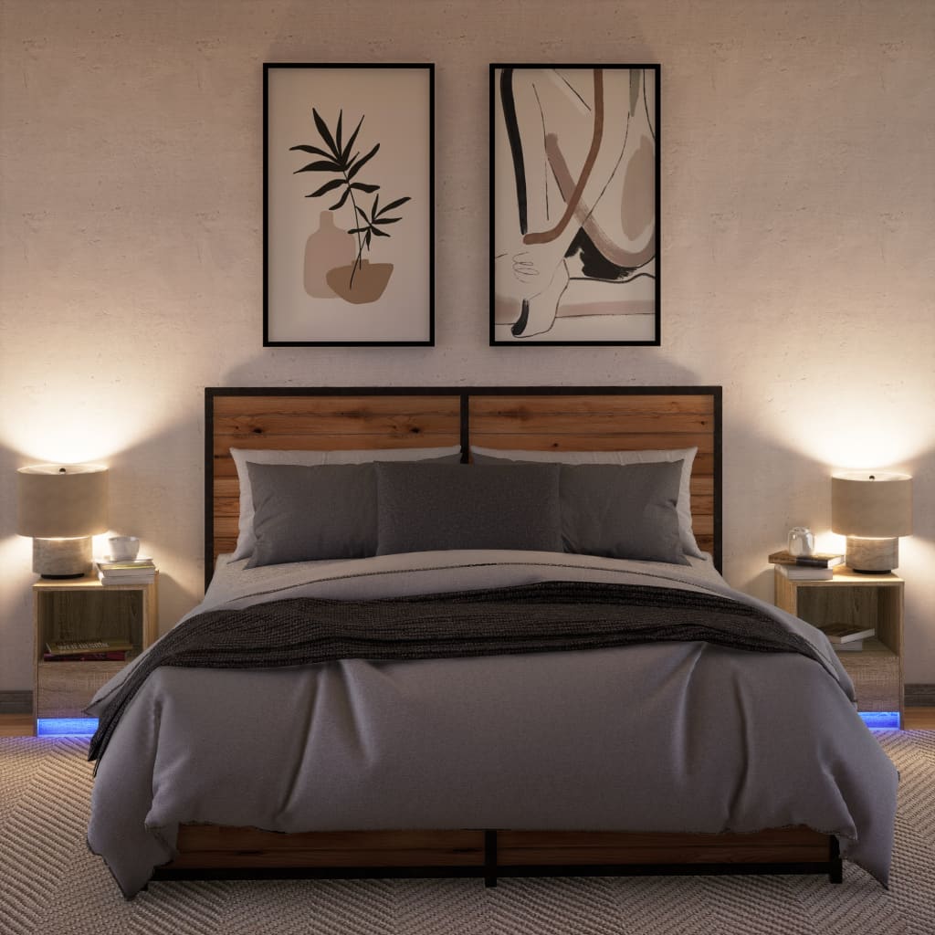 Mesas de cabeceira c/ luzes LED 2 pcs derivados madeira branco