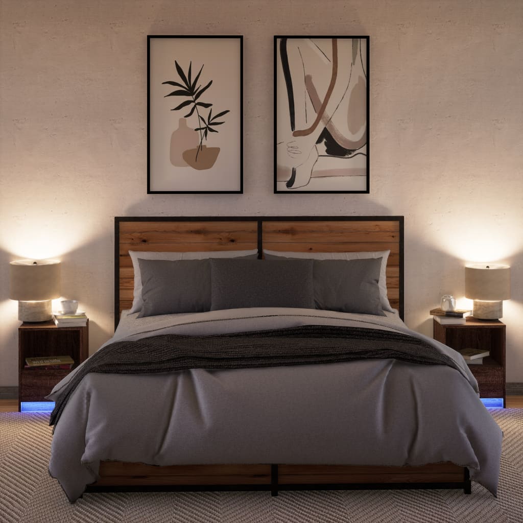 Mesas de cabeceira c/ luzes LED 2 pcs derivados madeira branco