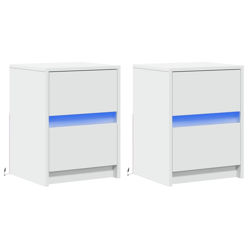 Mesas de cabeceira c/ luzes LED 2 pcs derivados madeira branco