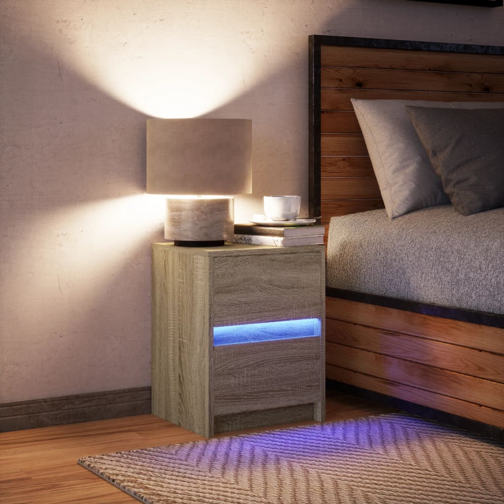 Mesa de cabeceira com luzes LED derivados de madeira branco