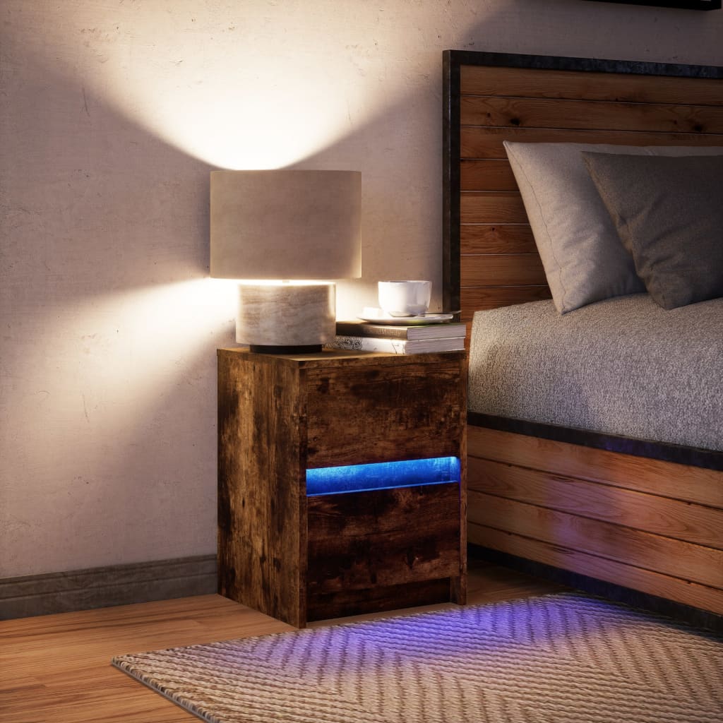Mesa de cabeceira com luzes LED derivados de madeira branco