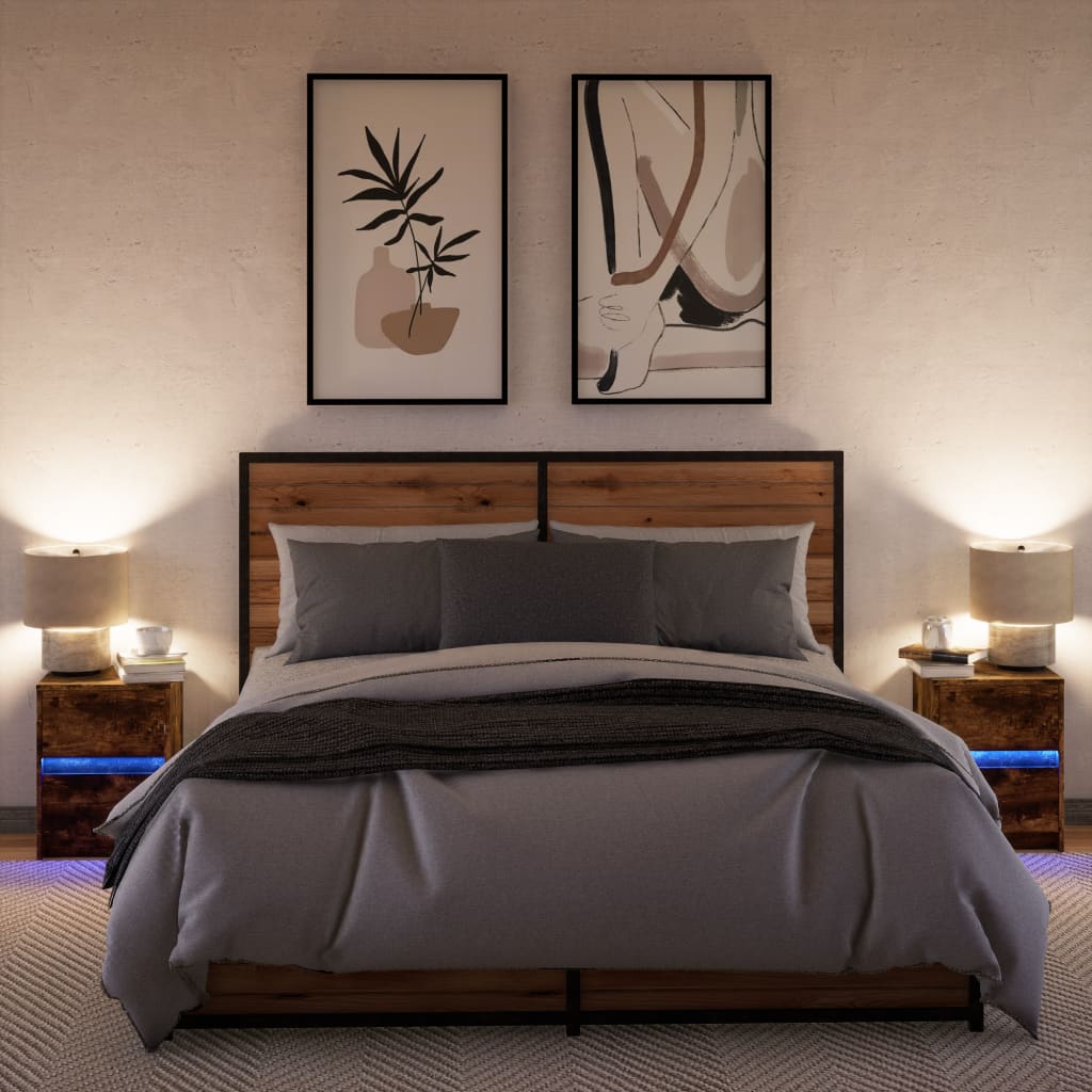 Mesas de cabeceira c/ luzes LED 2 pcs derivados madeira branco