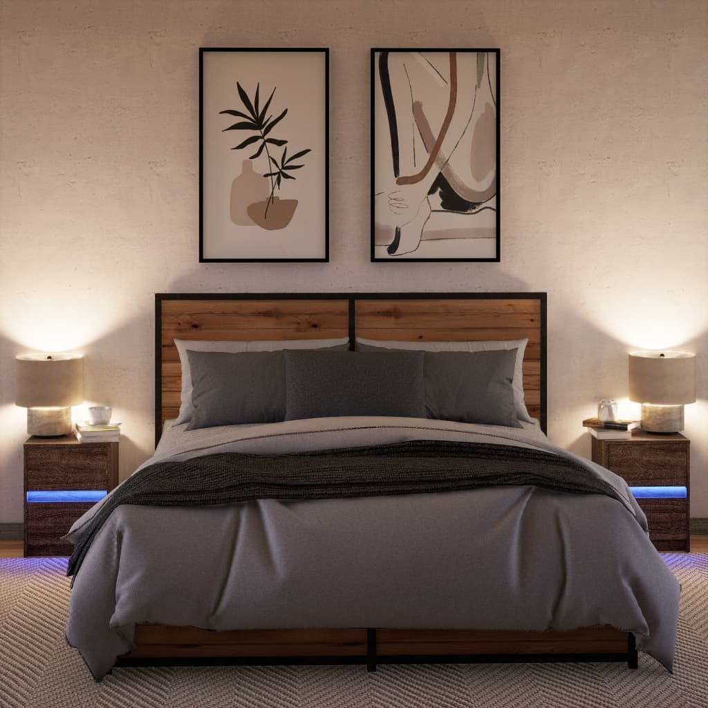 Mesas de cabeceira c/ luzes LED 2 pcs derivados madeira branco