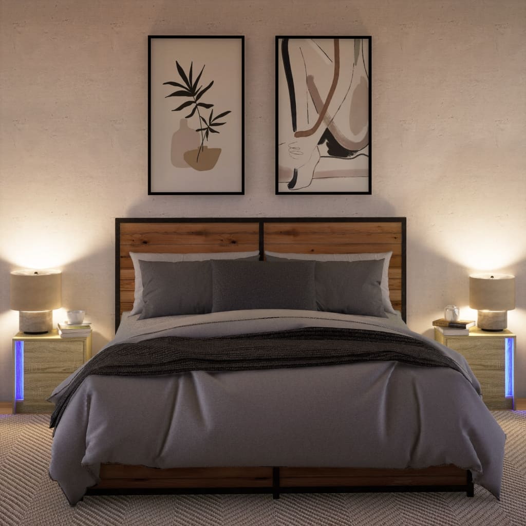 Mesas de cabeceira c/ luzes LED 2 pcs derivados madeira branco