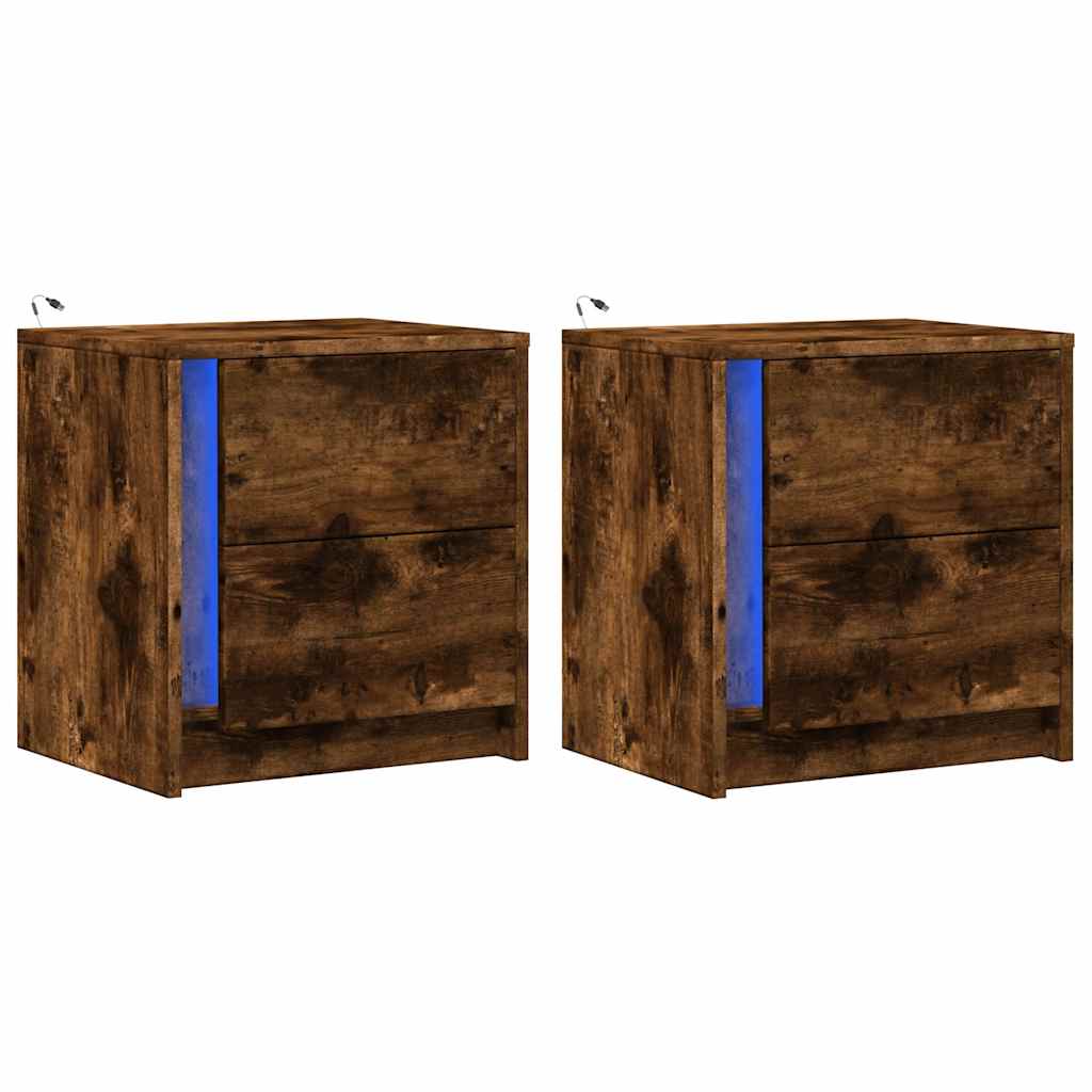 Mesas de cabeceira c/ luzes LED 2 pcs derivados madeira branco