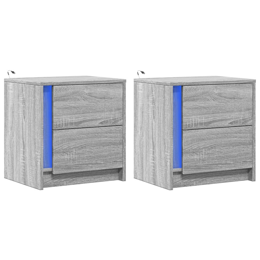 Mesas de cabeceira c/ luzes LED 2 pcs derivados madeira branco