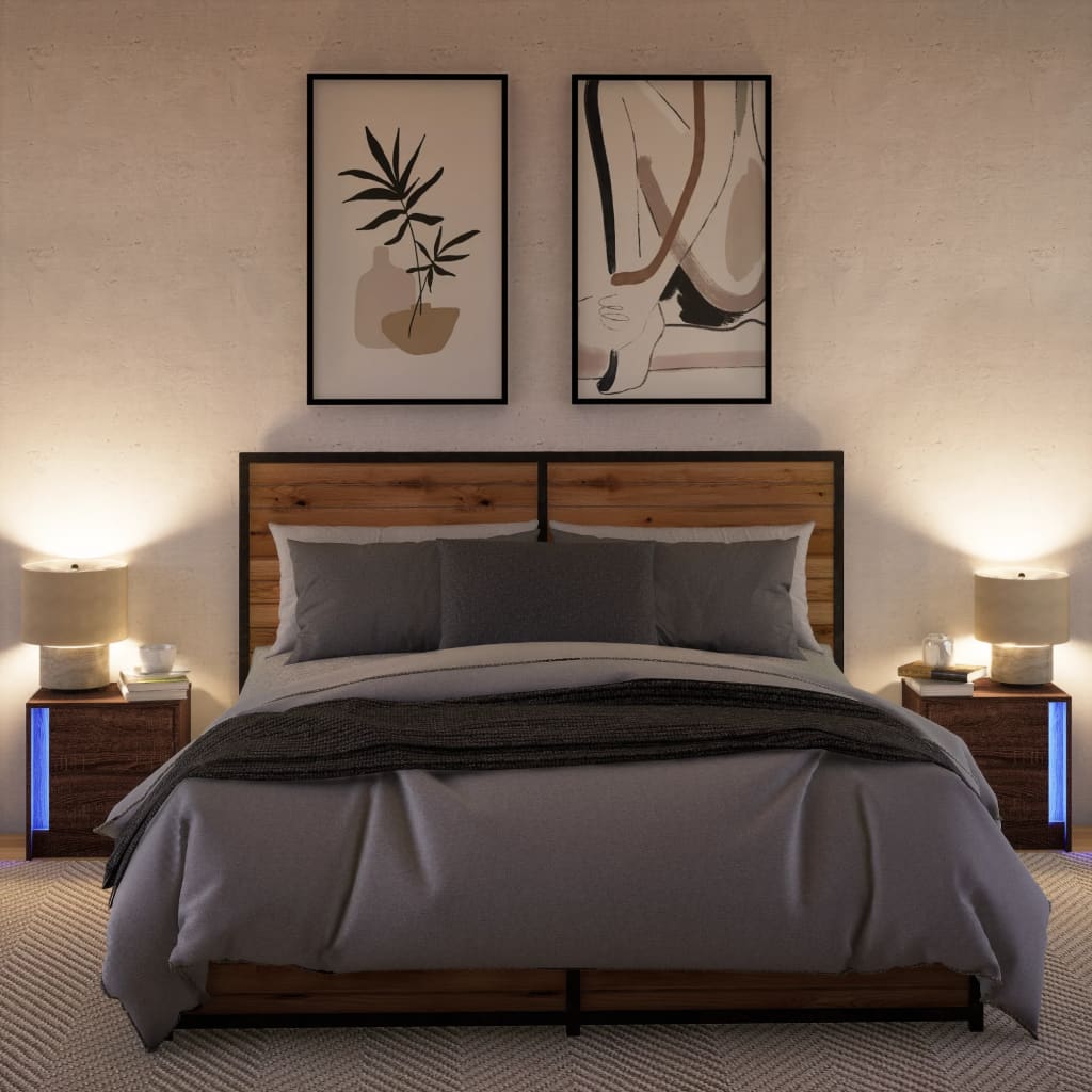 Mesas de cabeceira c/ luzes LED 2 pcs derivados madeira branco